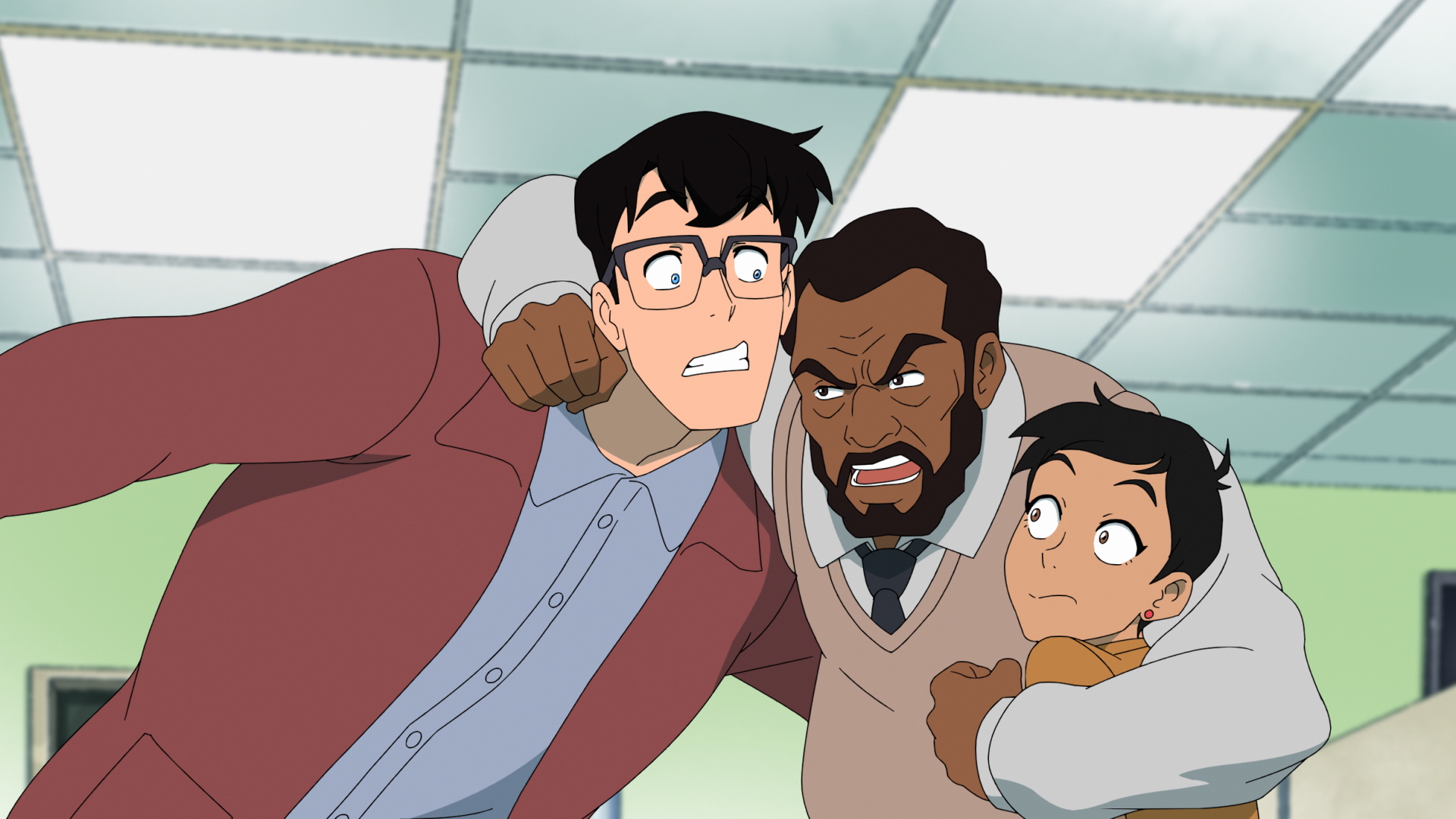 Jack Quaid as Clark Kent, Darrell Brown as Perry White, and Alice Lee as Lois Lane in Jake Wyatt, Brendan Clougher, and Josie Campbell's action-adventure animated series, My Adventures with Superman Season 2 Episode 5