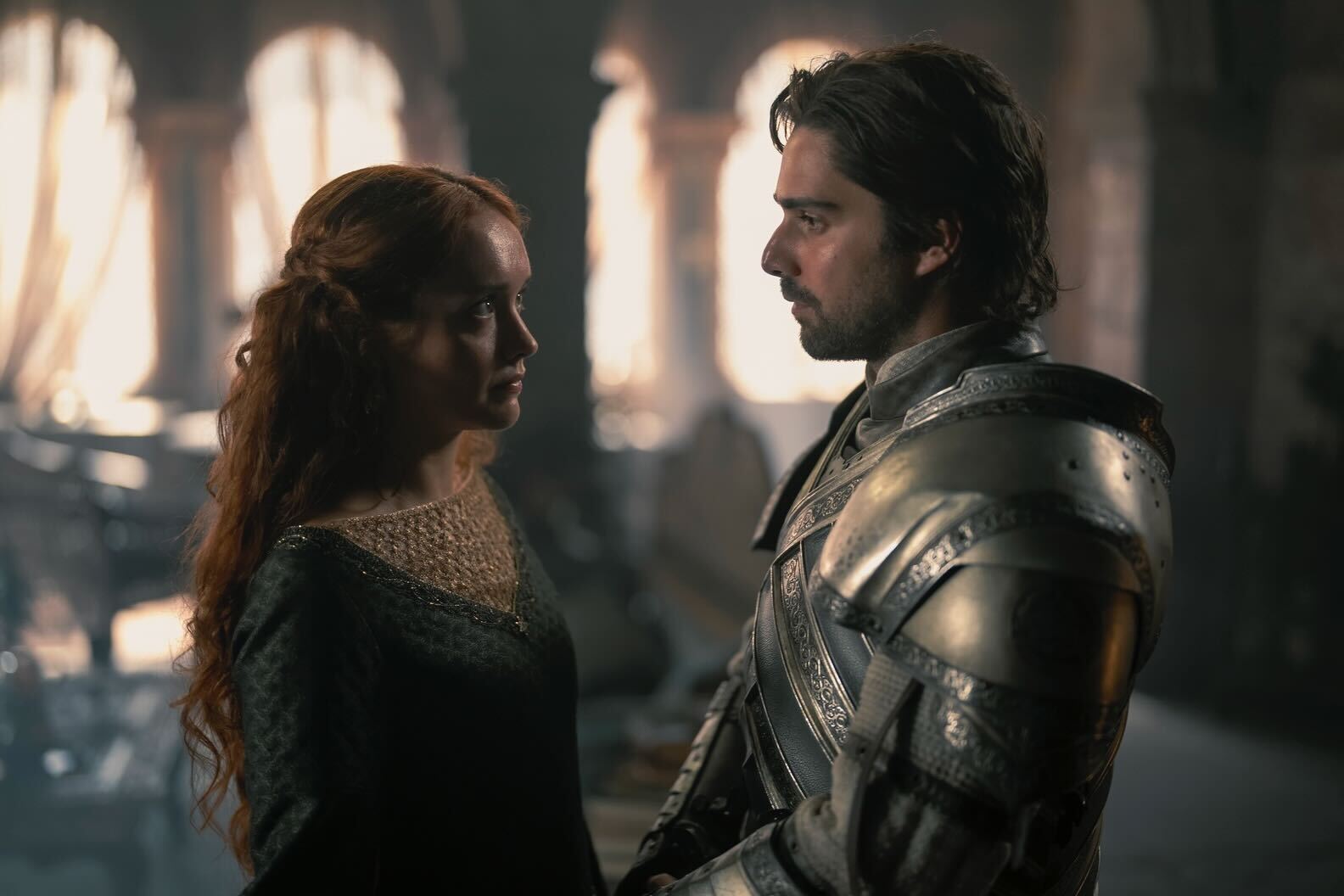 Olivia Cooke as Alicent Hightower and Fabien Frankel as Ser Criston Cole in George R R Martin and Ryan Condal's HBO action adventure fantasy drama television adaptation, House of the Dragon, Season 2 Episode 1