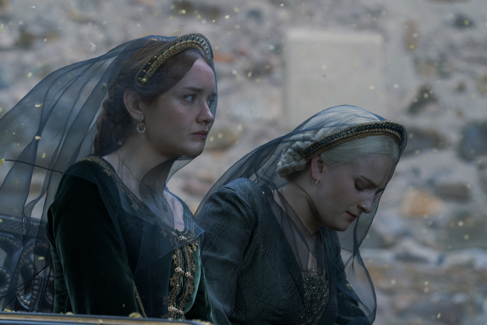 Olivia Cooke as Alicent Hightower and Phia Saban as Helaena Targaryen in George R R Martin and Ryan Condal's HBO action adventure fantasy drama television adaptation, House of the Dragon, Season 2 Episode 2