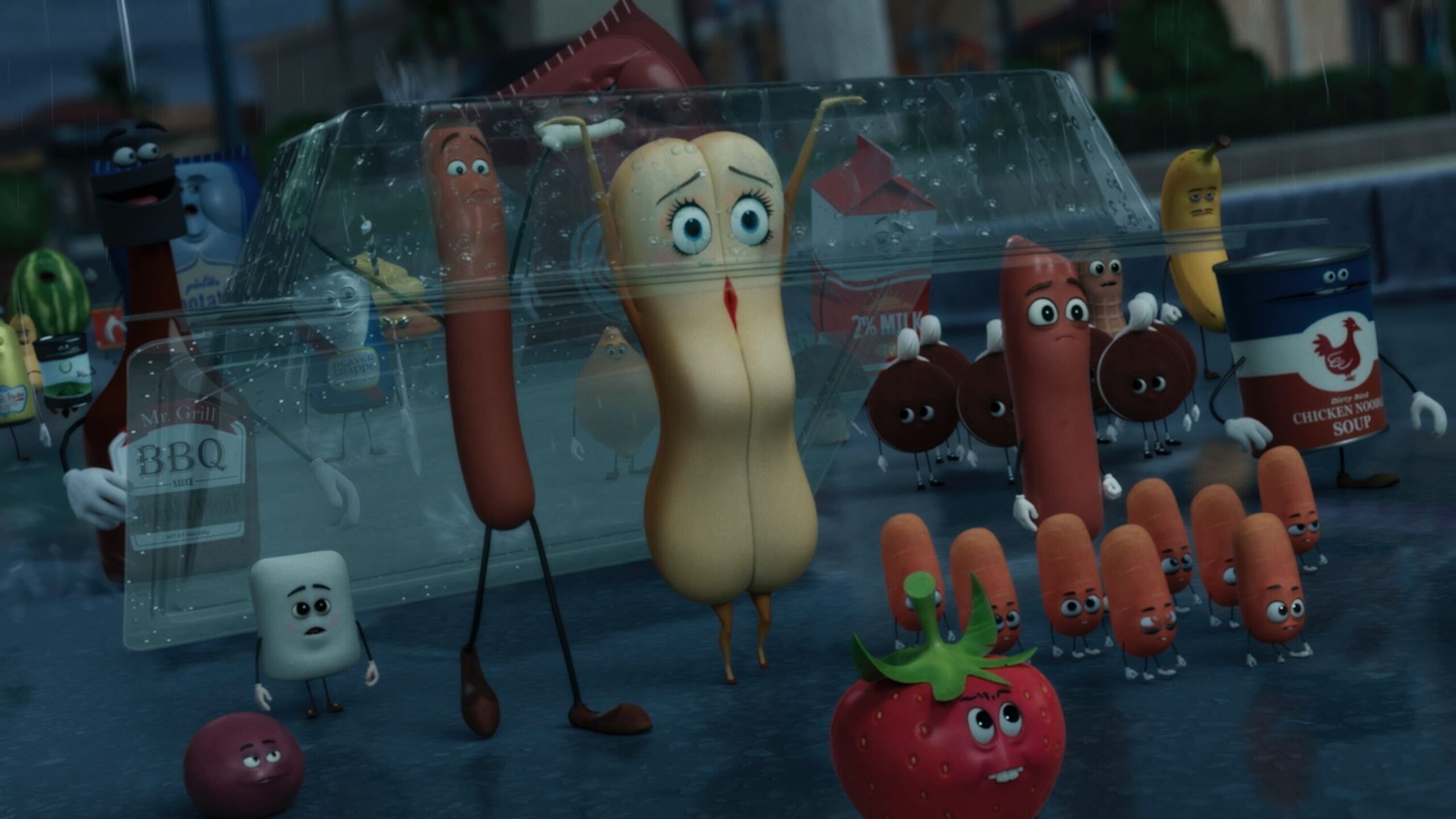 Seth Rogen as Frank, Kristen Wiig as Brenda Bunson, and Michael Cera as Barry in Seth Rogen, Evan Goldberg, Kyle Hunter, and Ariel Shaffir's Prime Video adult animated comedy limited series, Sausage Party Foodtopia