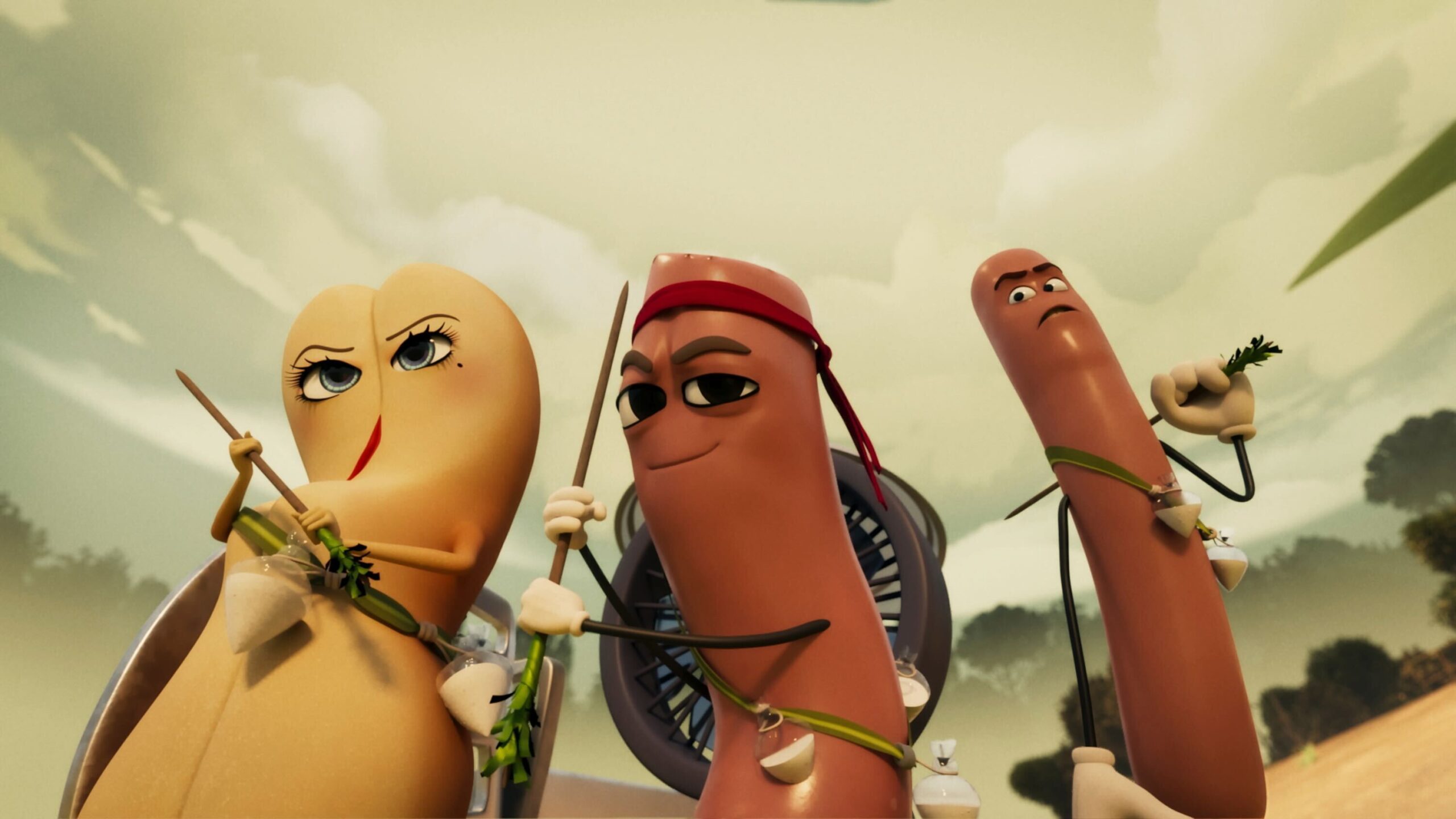 Kristen Wiig as Brenda Bunson, Michael Cera as Barry, and Seth Rogen as Frank in Seth Rogen, Evan Goldberg, Kyle Hunter, and Ariel Shaffir's Prime Video adult animated comedy limited series, Sausage Party Foodtopia