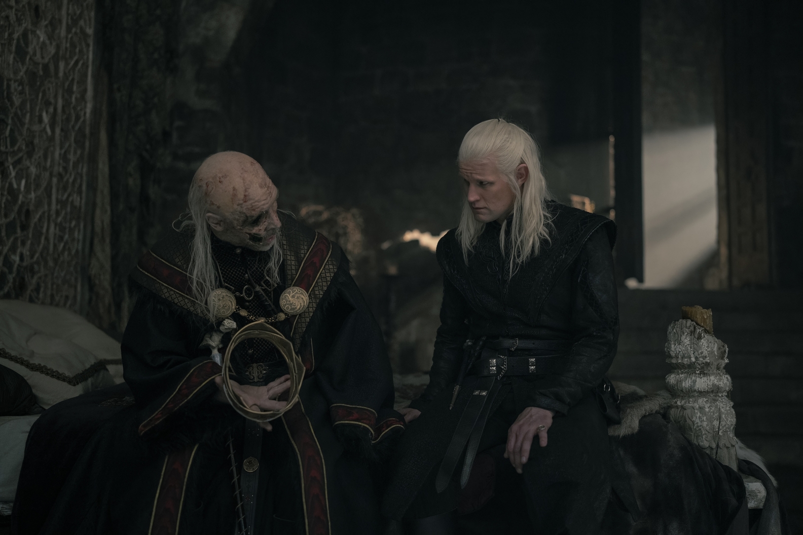 Paddy Considine as King Viserys I Targaryen and Matt Smith as King Consort Daemon Targaryen in George R R Martin and Ryan Condal's HBO action adventure fantasy drama television adaptation, House of the Dragon, Season 2 Episode 7