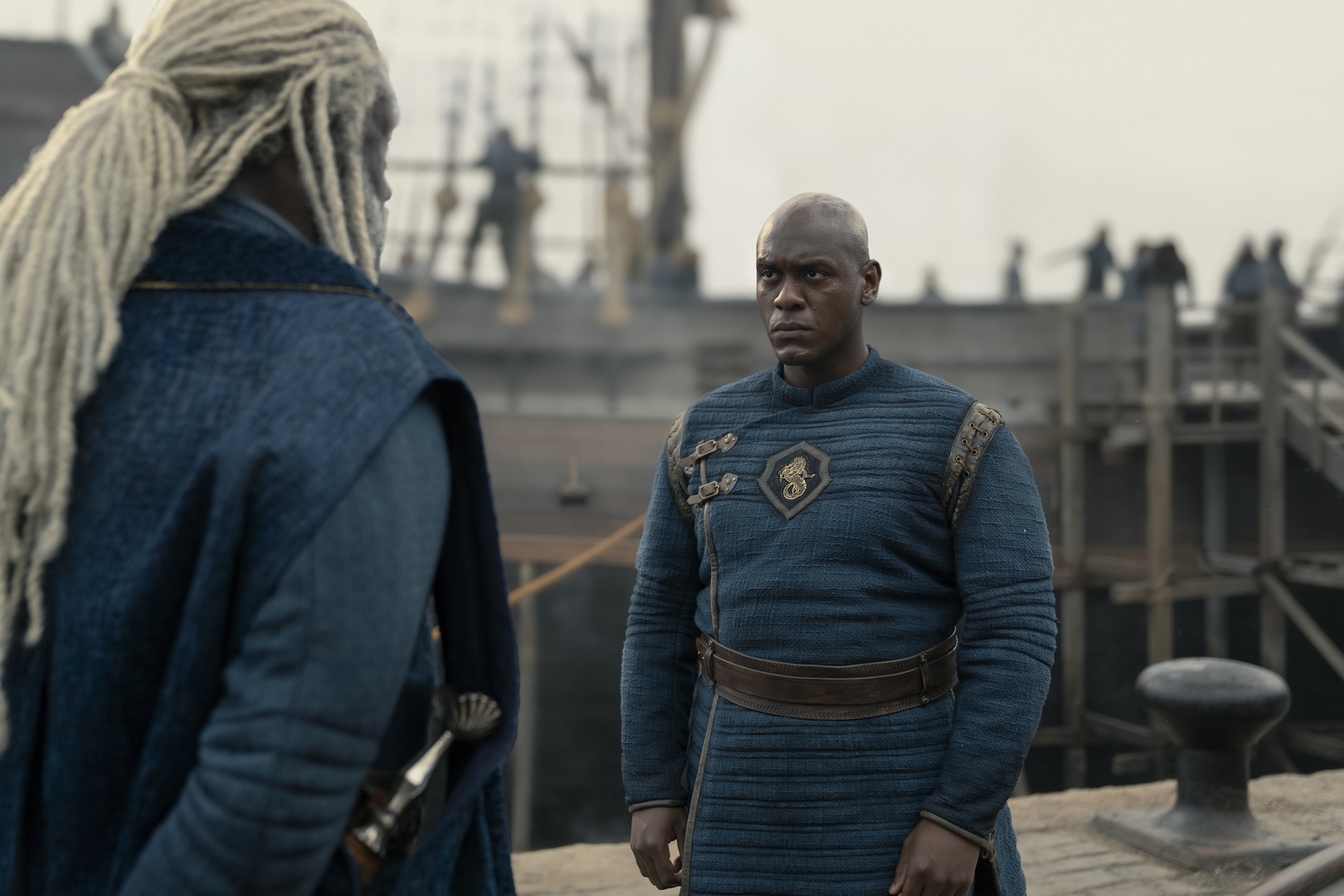 Steve Toussaint as Lord Corlys Velaryon and Abubakar Salim as Alyn of Hull in George R R Martin and Ryan Condal's HBO action adventure fantasy drama television adaptation, House of the Dragon, Season 2 Episode 7