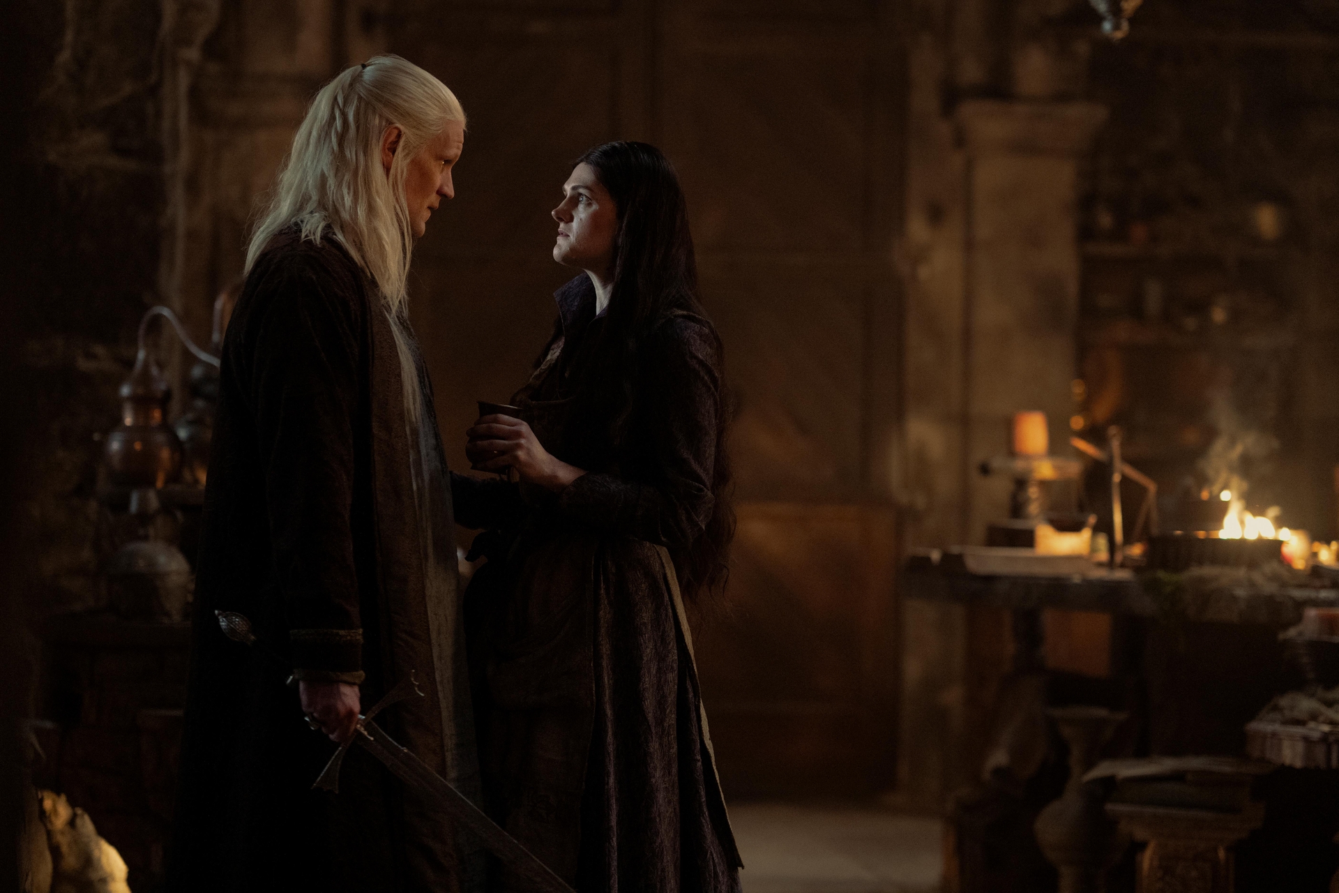 Matt Smith as Daemon Targaryen and Gayle Rankin as Alys Rivers in George R R Martin and Ryan Condal's HBO action adventure fantasy drama television adaptation, House of the Dragon, Season 2 Episode 4