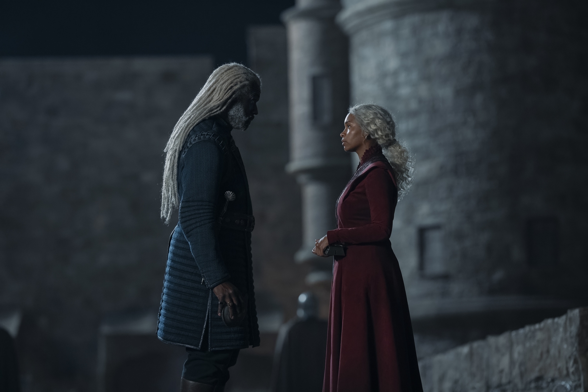 Steve Toussaint as Lord Corlys Velaryon and Bethany Antonia as Lady Baela Targaryen in George R R Martin and Ryan Condal's HBO action adventure fantasy drama television adaptation, House of the Dragon, Season 2 Episode 5