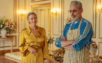 Janet McTeer as Hera and Jeff Goldblum as Zeus in Charlie Covell's dark comedy drama fantasy series, Kaos Season 1 Episode 7