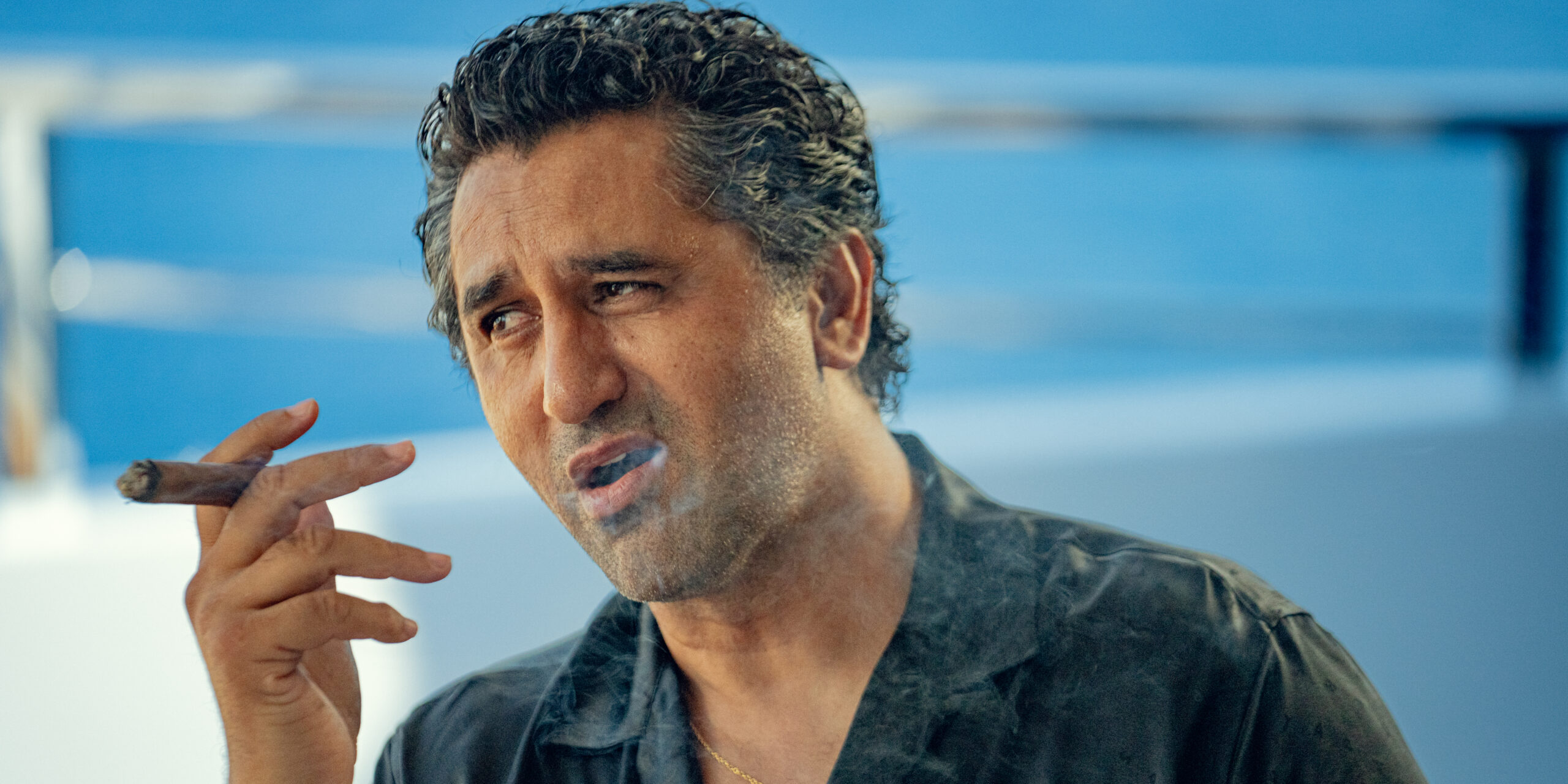 Cliff Curtis as Poseidon in Charlie Covell's dark comedy drama fantasy series, Kaos Season 1 Episode 3