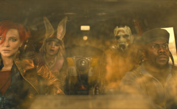 The cast of Borderlands: Cate Blanchett as Lilith, Ariana Greenblatt as Tiny Tina, Florian Munteanu as Krieg, and Kevin Hart as Roland in Borderlands.