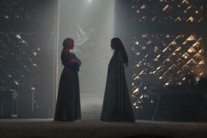 Emma D'Arcy as Rhaenyra Targaryen and Olivia Cooke as Queen Dowager Alicent Hightower in George R R Martin and Ryan Condal's HBO action adventure fantasy drama television adaptation, House of the Dragon, Season 2 Episode 8