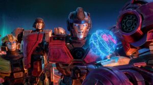 Keegan Michael Key as Bumblebee, Brian Tyree Henry as Megatron, and Chris Hemsworth as Optimus Prime in Josh Cooley's action adventure animated fantasy science fiction film, Transformers One