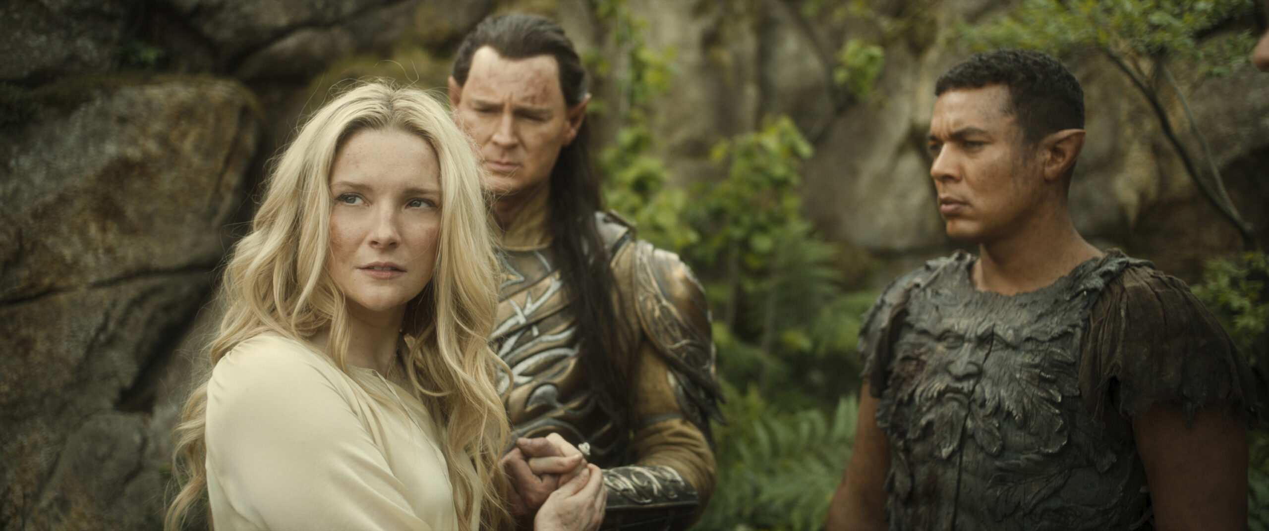 Morfydd Clark, Benjamin Walker, and Ismael Cruz Cordova in Prime Video's action adventure drama fantasy series, The Lord of the Rings The Rings of Power Season 2