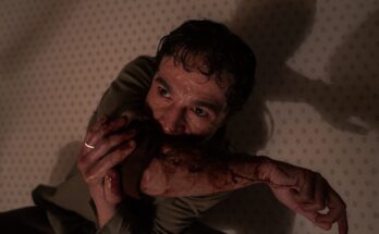 Christopher Abbott as Blake Lovell in Leigh Whannell and Corbett Tuck's body horror film, Wolf Man