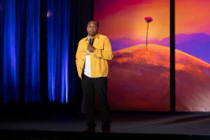 A still from Roy Wood Jr's Hulu stand up comedy special, Lonely Flowers